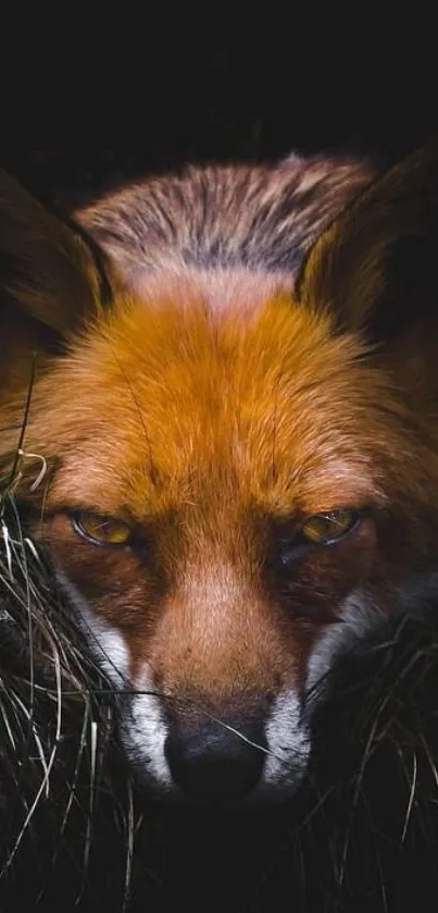 Close-up of a fox lying in the grass, showcasing its vibrant orange fur.