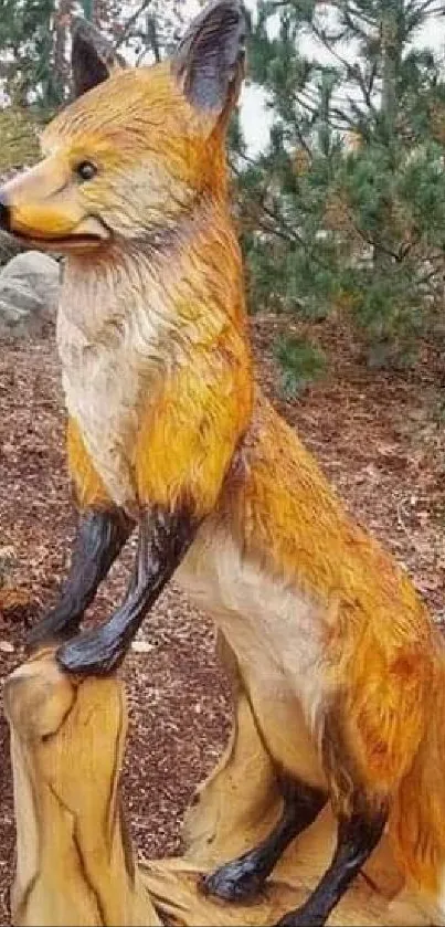 Fox sculpture in a natural, wooded setting mobile wallpaper.