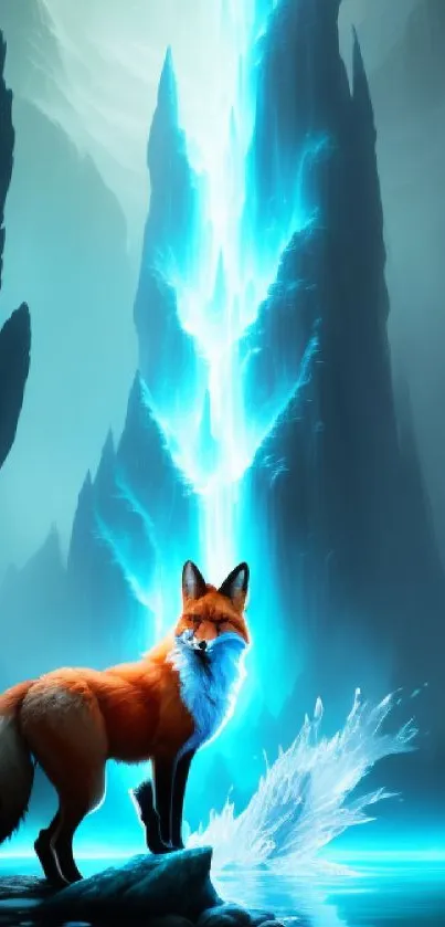 A majestic fox stands by a glowing blue river with towering rocky cliffs.