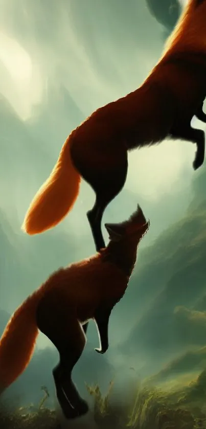 Two foxes leaping together in a mystical green forest.