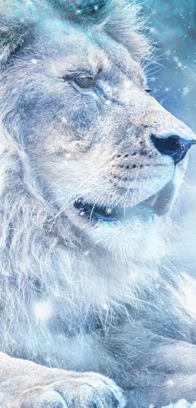 A majestic lion in a frosty blue and white winter scene, radiating serenity.