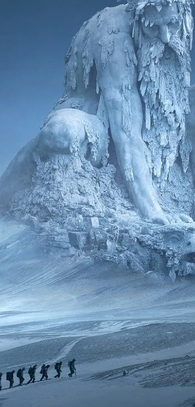 Majestic frozen giant sculpture in a snowy landscape with tiny figures walking.