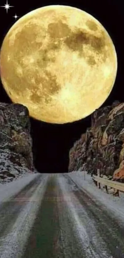 Full moon glowing over a serene winter road at night.