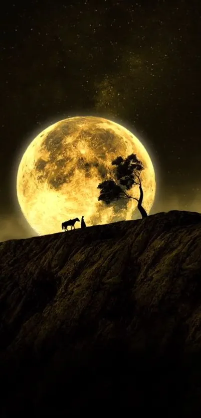 Silhouette of a tree and horse against a full moon on a rugged mountain.