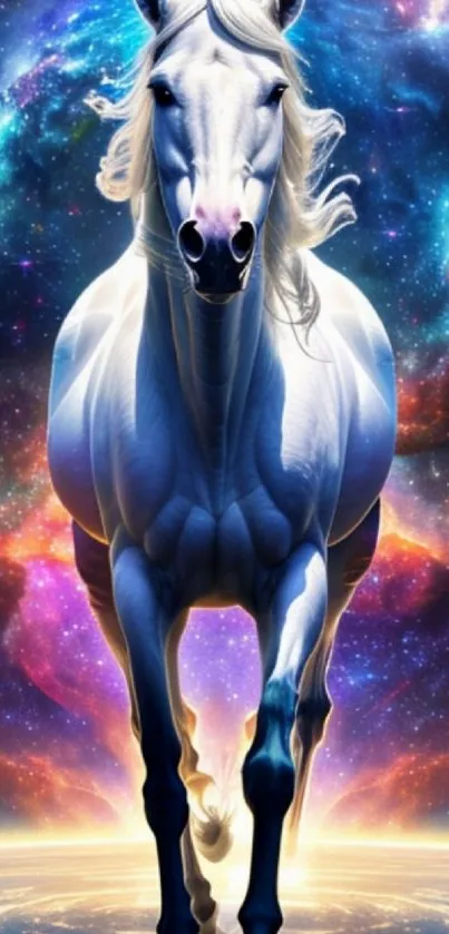 Majestic white horse galloping through a cosmic galaxy backdrop.