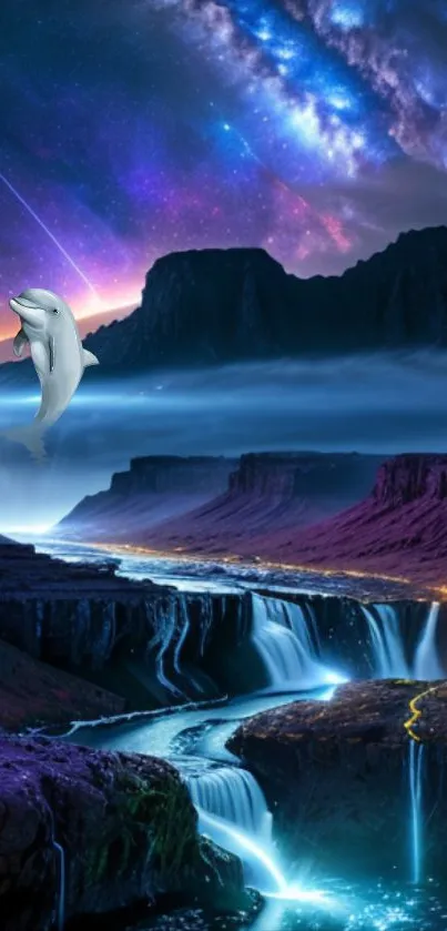 Fantasy landscape with galaxy, waterfall, and dolphin.