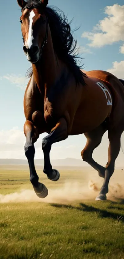 Majestic horse galloping through a vast, sunlit field.