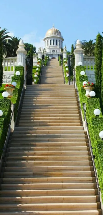 Majestic garden staircase leading to a temple with lush greenery.