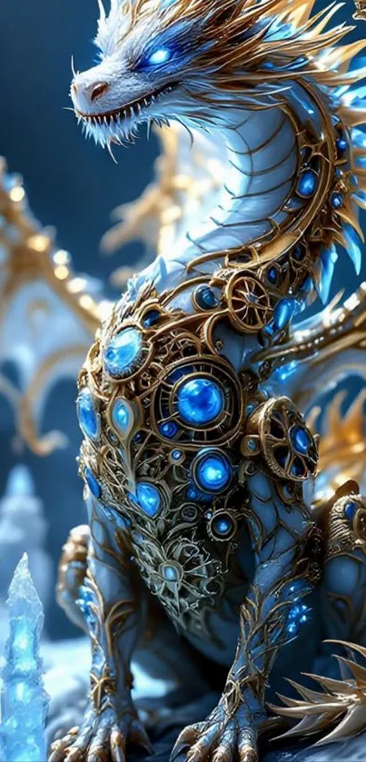 Majestic dragon with gemstones and icy backdrop.