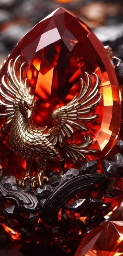 Red gemstone with a majestic phoenix design in a detailed art style.
