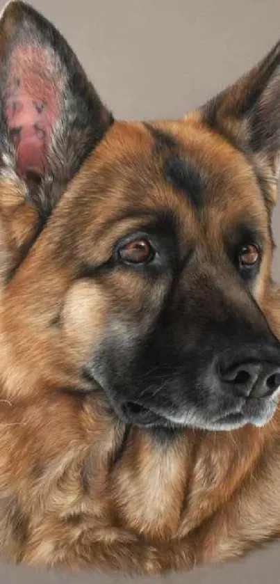 Realistic portrait of a German Shepherd dog on a brown background.
