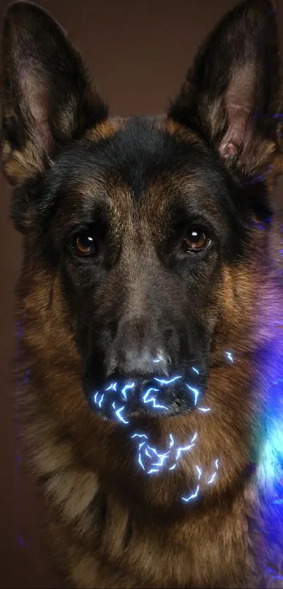 Majestic German Shepherd portrait on brown background.