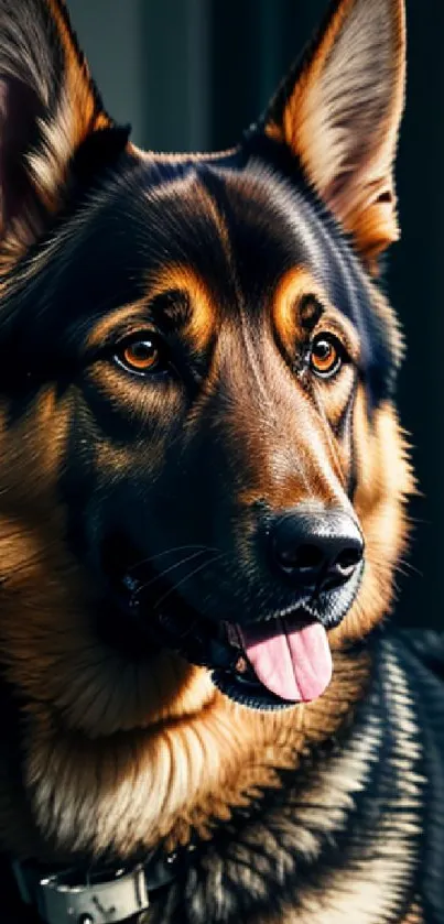 Close-up of a German Shepherd with a focused look, ideal for phone wallpaper.