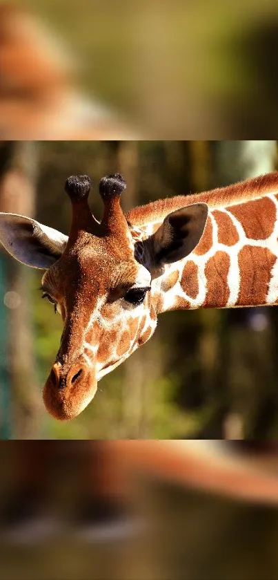 A majestic giraffe in sunlight with a serene natural background.