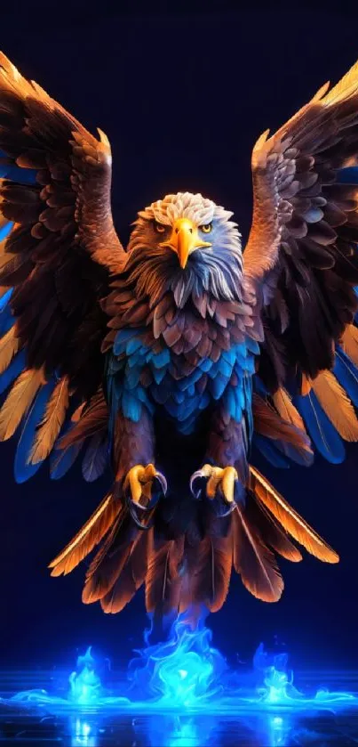 Majestic glowing eagle with vibrant blue hues on a mobile wallpaper.
