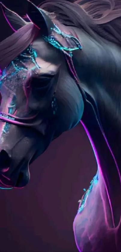 Digital horse with neon glow in purple tones on dark background.