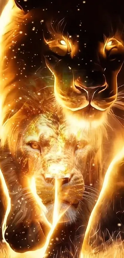 Majestic glowing lions in a fiery scene wallpaper.