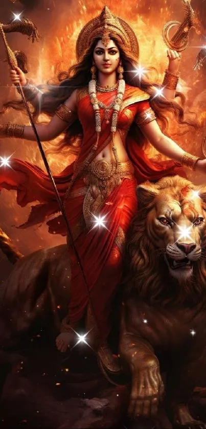 Goddess riding a lion with a fiery, powerful presence.