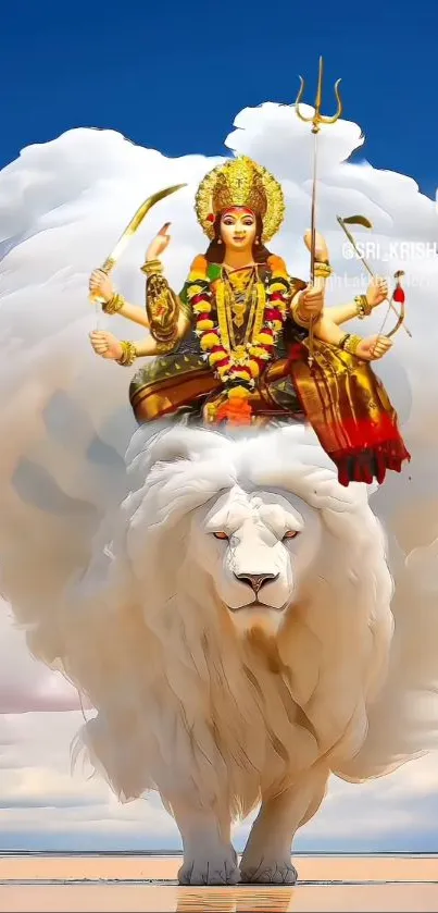 Majestic goddess riding a white lion under a vibrant sky, exuding divine elegance.