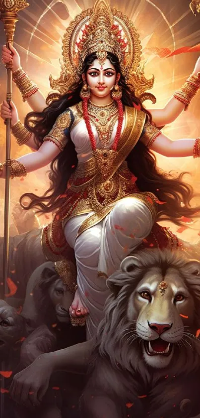 Majestic goddess adorned with gold and a lion companion in divine setting.