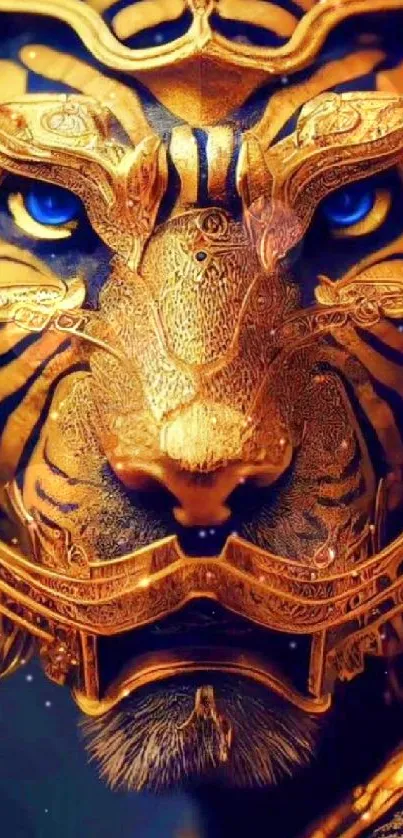 Majestic tiger in gold armor with blue eyes and intricate design.