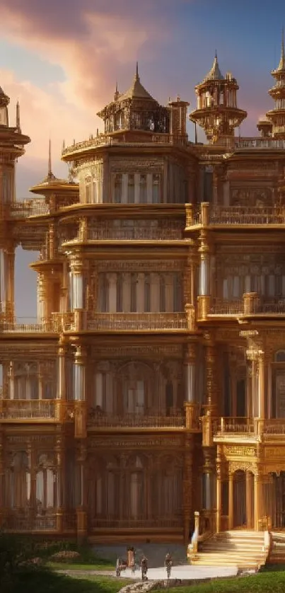 Majestic golden castle with fantasy architecture, perfect for a mobile wallpaper.