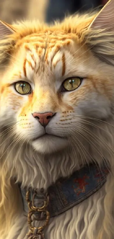 A majestic golden cat with bright eyes, in a detailed portrait.