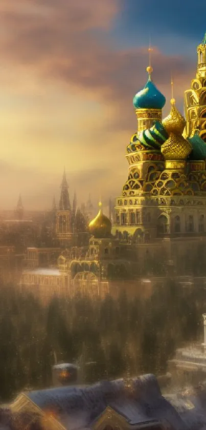 Golden cityscape with domes at sunset, stunning wallpaper.