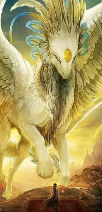 Majestic golden-winged creature in fantasy landscape wallpaper.