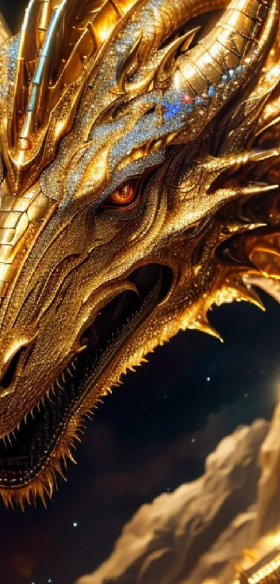 Majestic golden dragon against a mystical starry sky in digital art style.