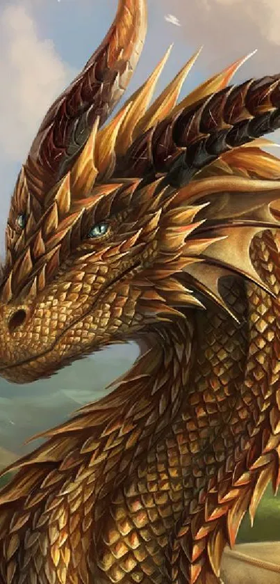 Fantasy artwork featuring a majestic golden dragon with intricate details.