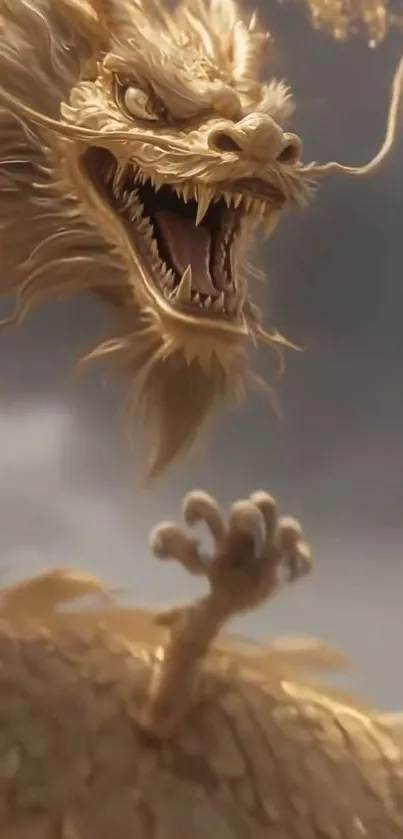 Golden dragon roars in cloudy sky.