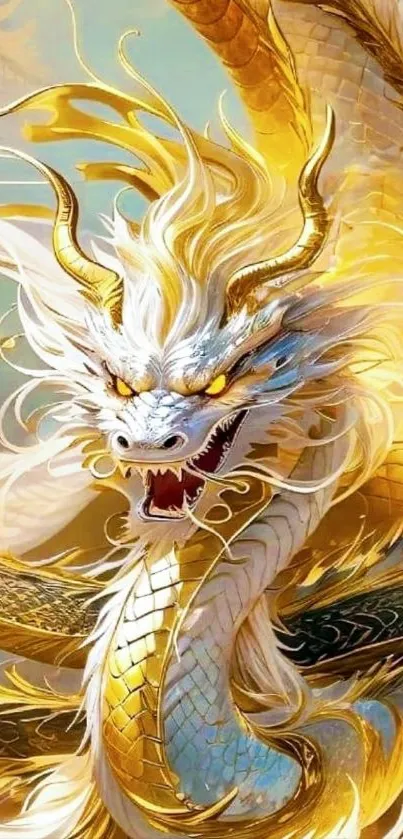 Majestic golden dragon with vibrant colors and mythical features.