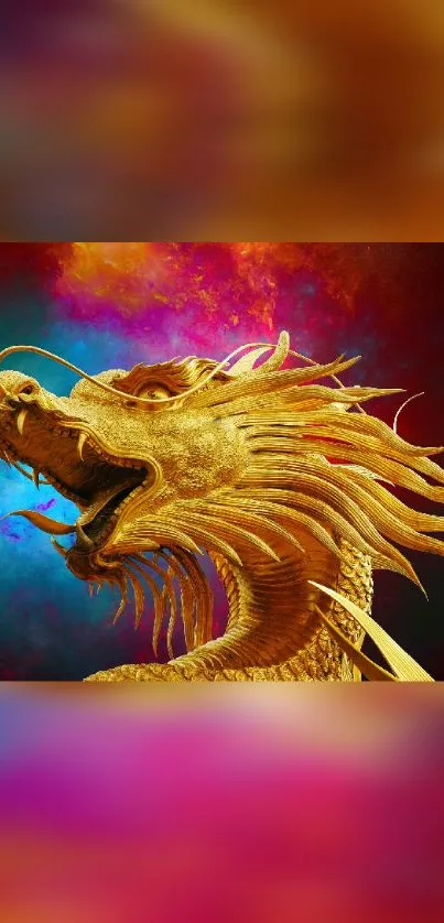 Majestic golden dragon against a vibrant cosmic background.