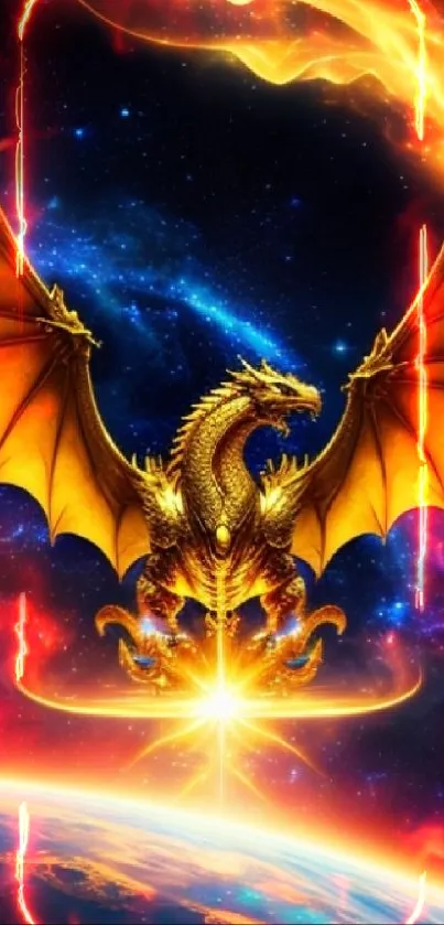 Golden dragon flying over Earth with fiery cosmic background.