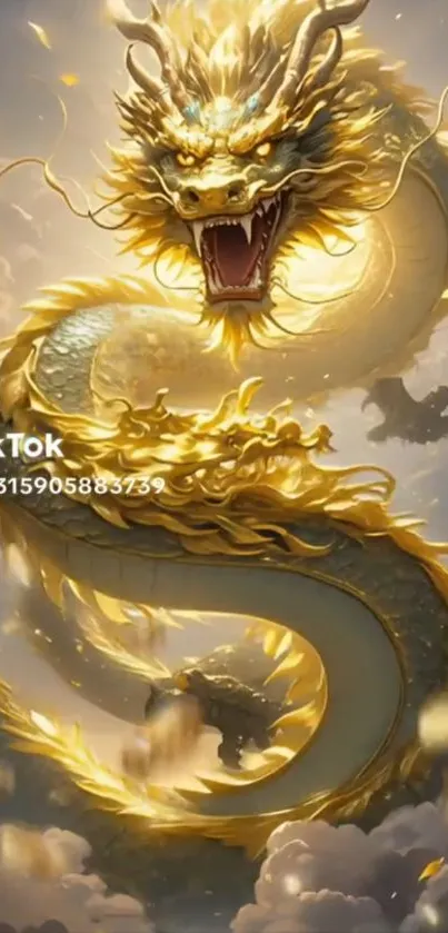 A majestic golden dragon in a mystical cloudy setting, perfect for fantasy enthusiasts.
