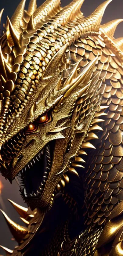 Majestic golden dragon with fiery accents in a detailed fantasy wallpaper.