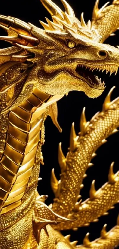 Golden dragon with intricate details, radiating power on a mobile wallpaper.