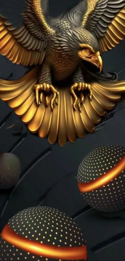 Majestic golden eagle soaring with 3D spheres on a dark mobile background.