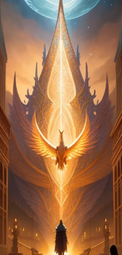 Majestic golden fantasy wallpaper with a glowing angelic figure.