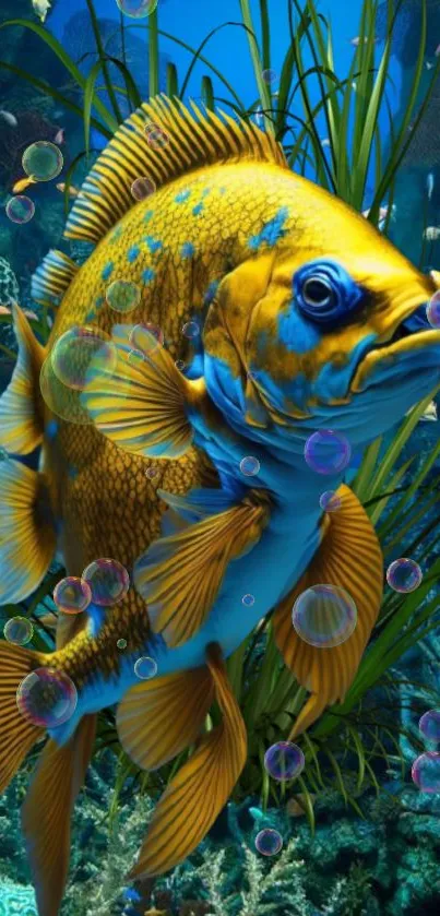 Majestic golden fish amidst colorful aquatic scenery with bubbles.