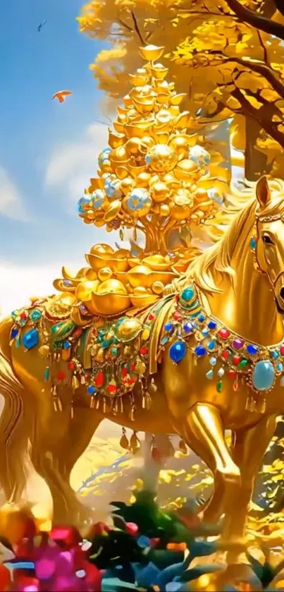 Golden horse adorned with jewels in a vibrant forest setting.