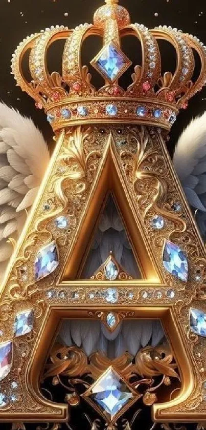 Golden letter A with jewels and a crown, featuring angel wings.