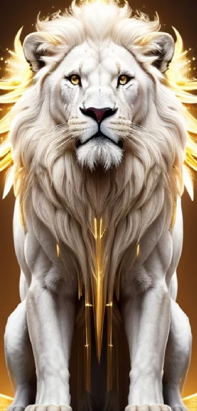 Majestic white lion with golden aura.