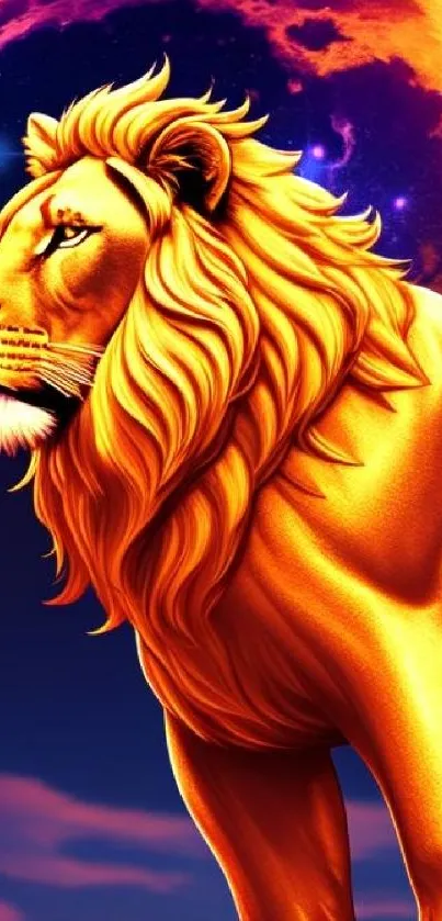 Vibrant golden lion with cosmic backdrop on mobile wallpaper.