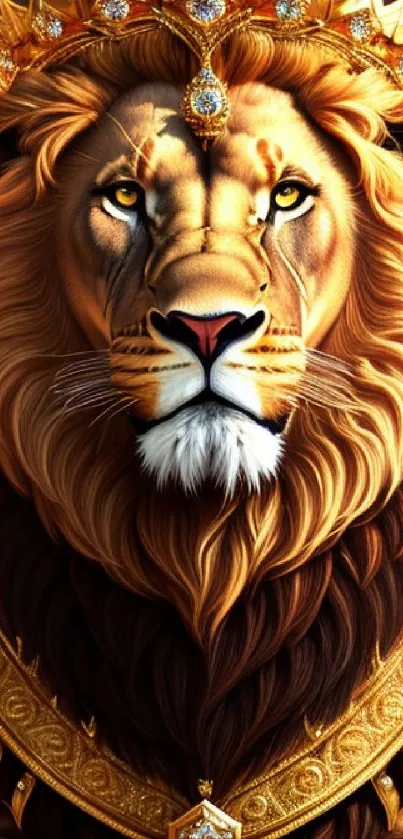 Majestic lion with a golden crown and mane in vibrant artwork.