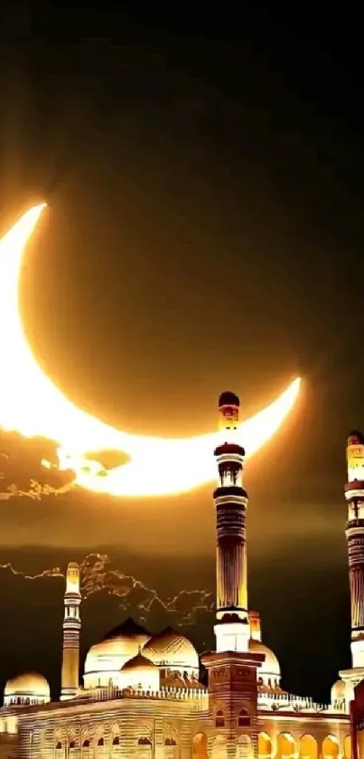 Mosque silhouette under golden crescent moon at night.