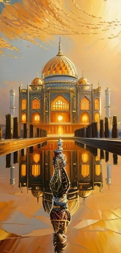 Majestic golden palace reflecting in tranquil water at sunset.