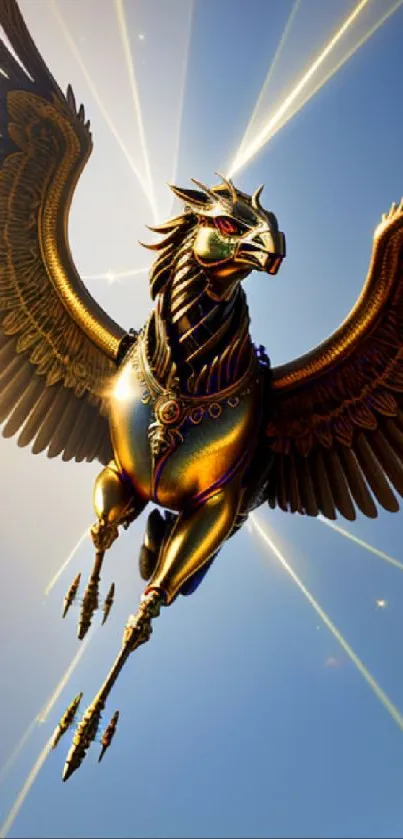 Golden Pegasus flying in bright sky.