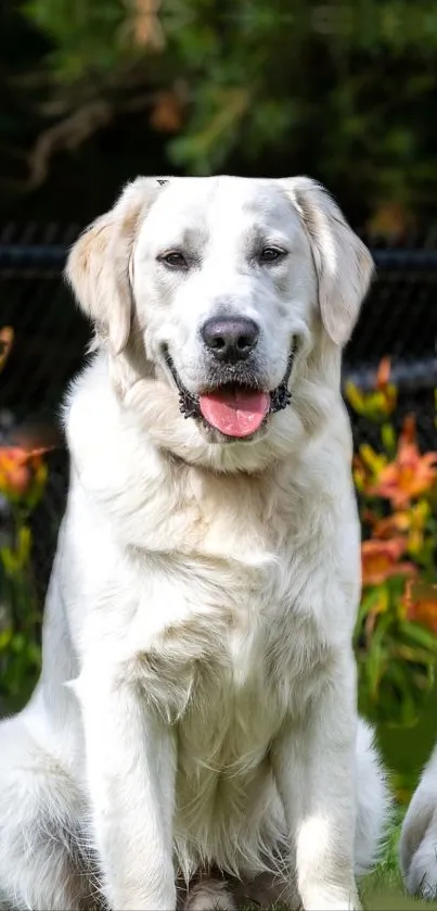 Golden retriever posing outdoors in a garden setting.